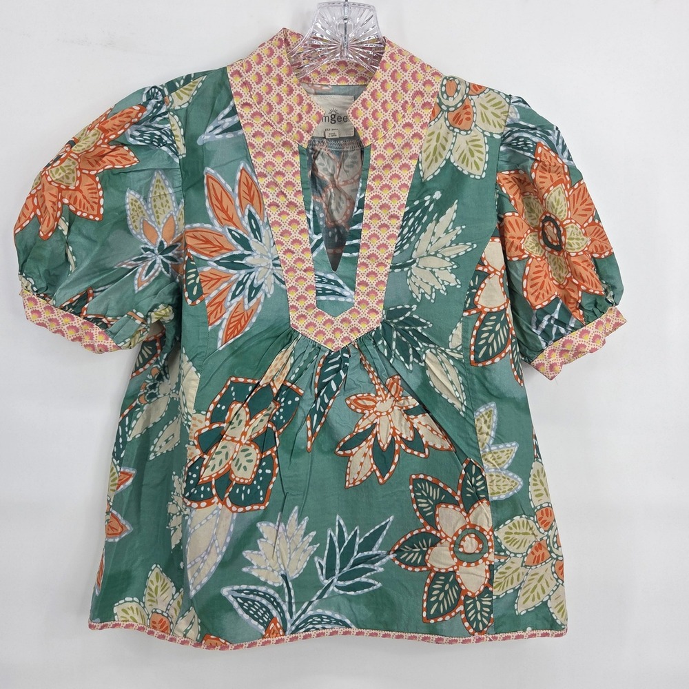 Umgee Floral Puff Sleeve Blouse S Green Boho Eclectic Art-inspired Top